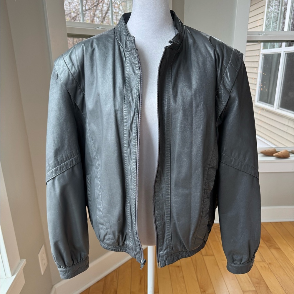 Vintage Berman’s Gray Leather Jacket Coat Fur Lining Sz 16 70’s 80’s Fits Sz M